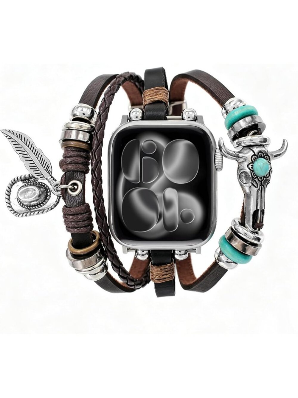 Unisex Hat Feather Beaded Boho Bracelet Compatible Leather Band with Apple Watch